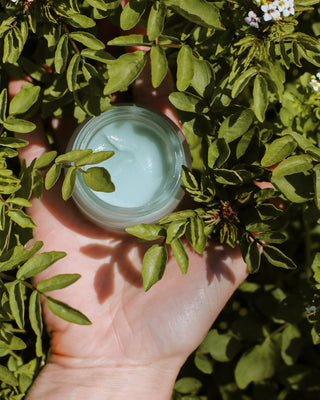 Hand holding a glass bottle with a green leafy background